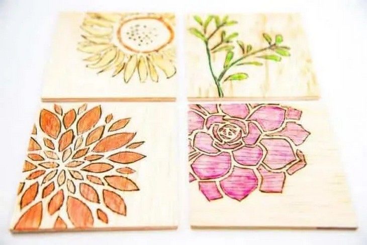 DIY Wood Burned Coasters With Watercolor