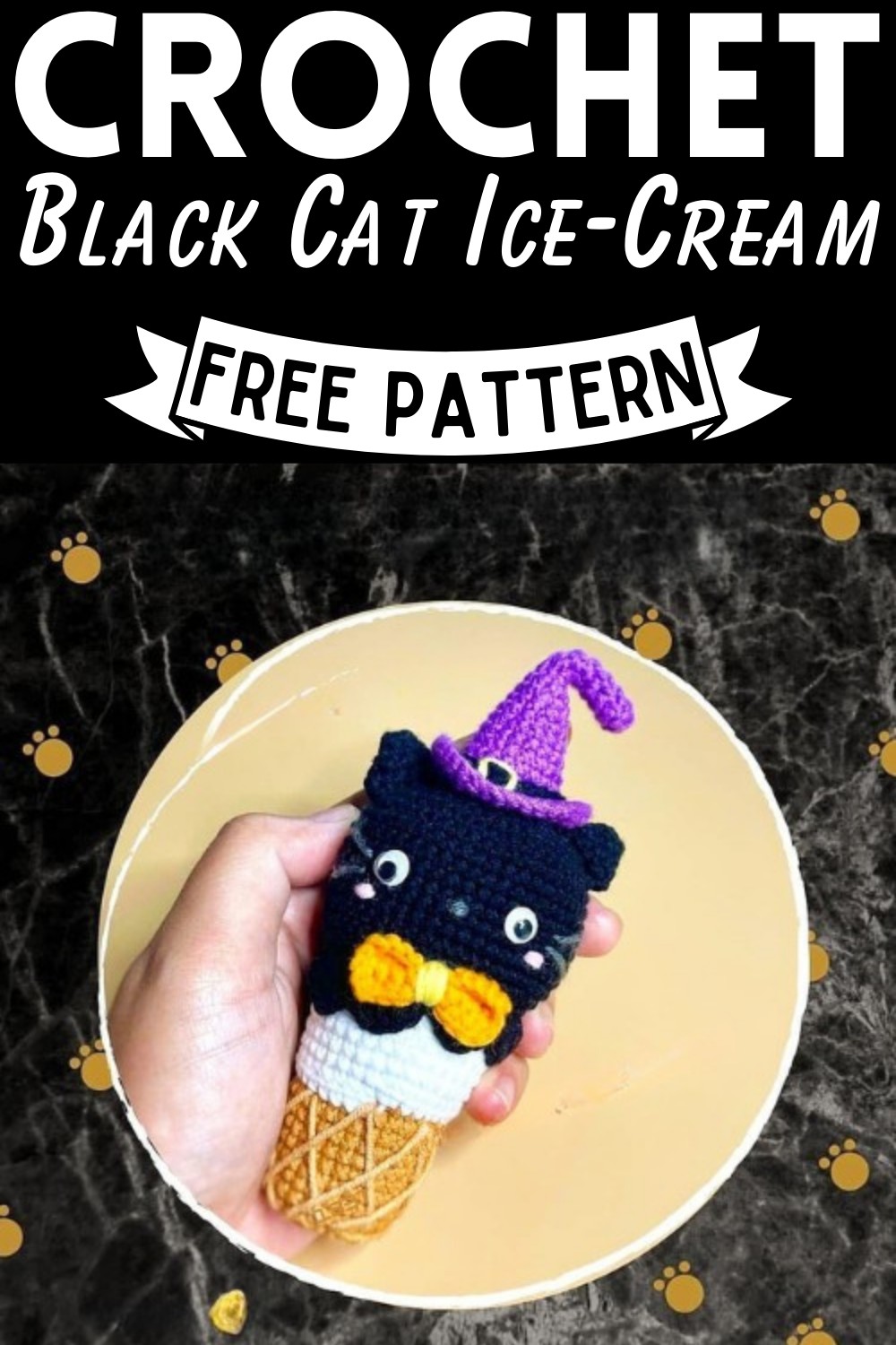 Crochet Black Cat Ice-Cream Amigurumi Free Pattern