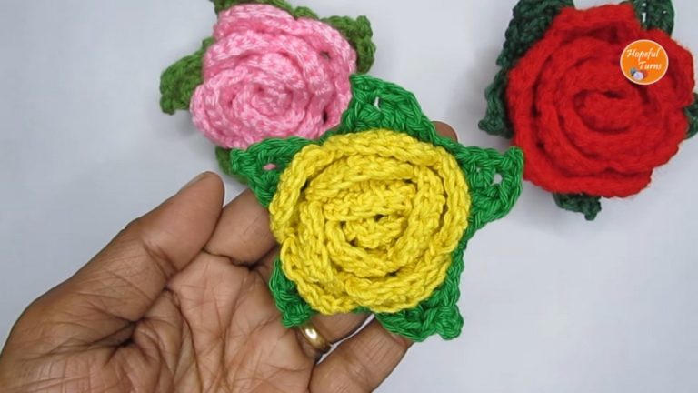 Crochet Rose Flower With Leaves Pattern For Spring Crafts