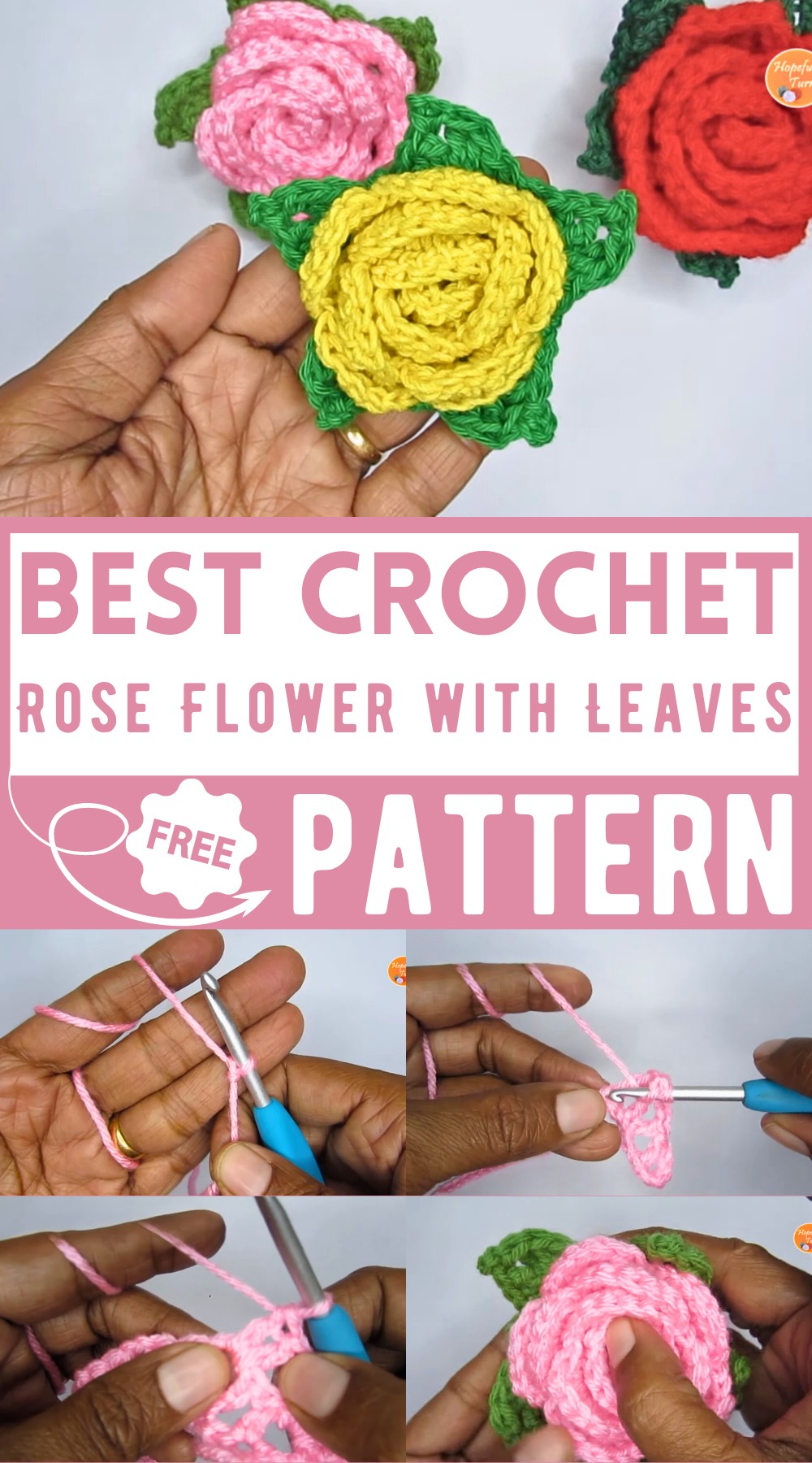 Crochet Rose Flower with Leaves