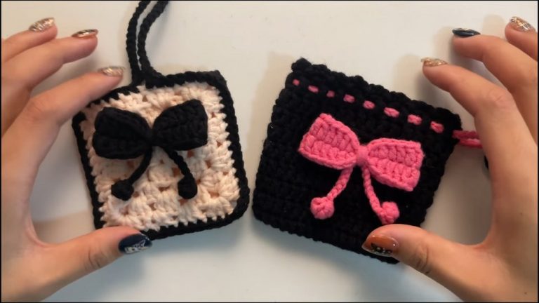 Crochet Pouch With Raised 3D Bow Pattern