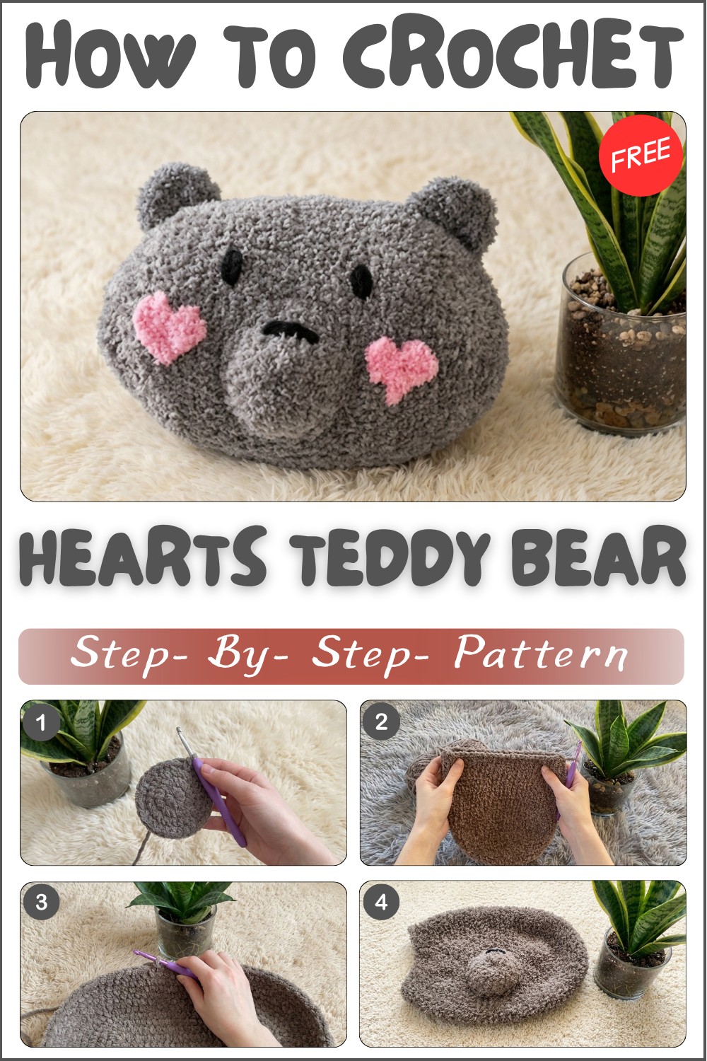 Valentine Crochet Hearts Teddy Bear Cushion Pattern 1