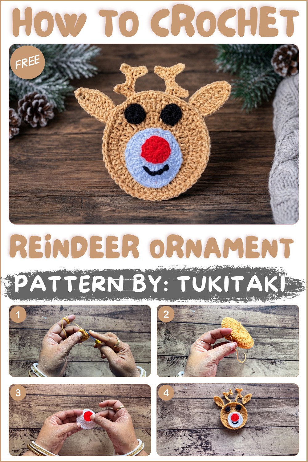 How to Crochet Reindeer Ornament Rudolph Christmas Decoration Tutorial (1)