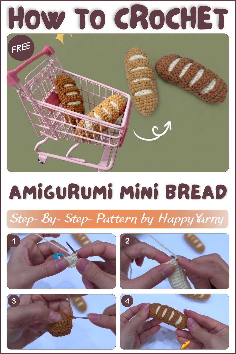 How to Crochet a Mini Bread 🥖 Easy Beginner Tutorial Tiny Amigurumi 1