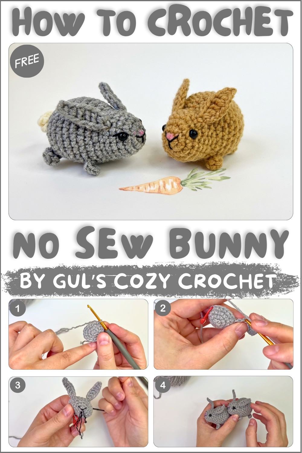 No Sew Crochet Bunny 🐇 Easy Amigurumi for Beginners One Pattern, 2 Sizes 1