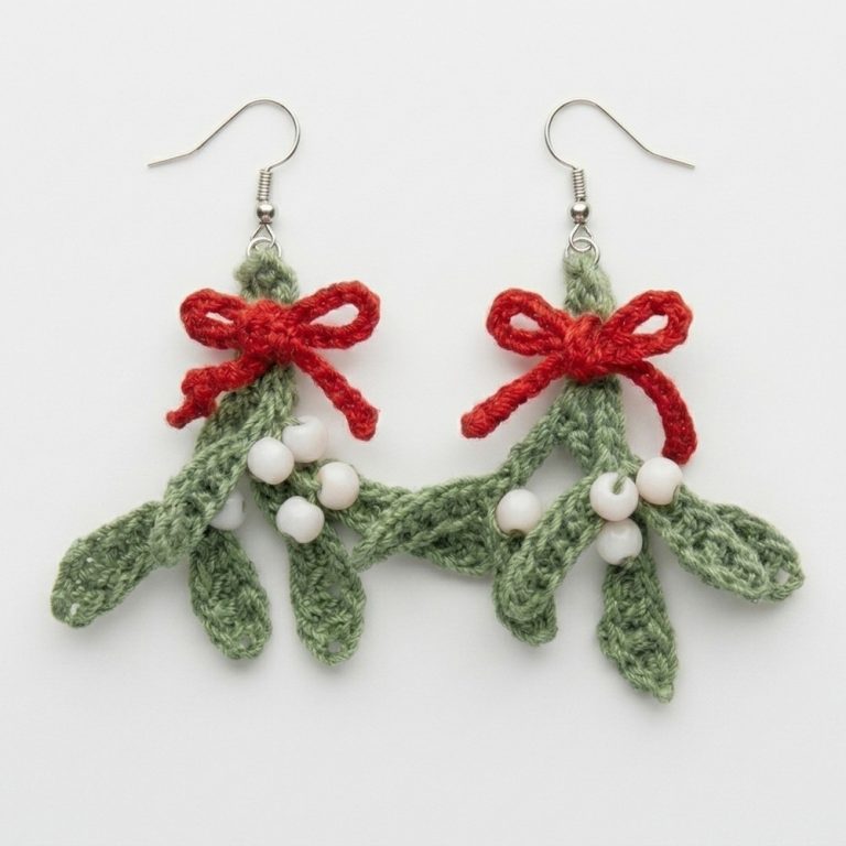 Crochet Christmas Mistletoe Earrings Easy Pattern (1)