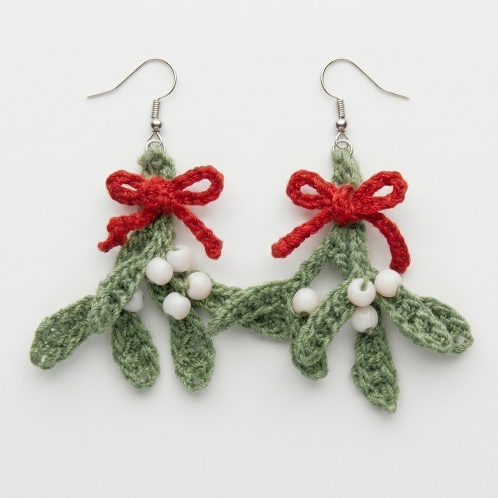 Crochet Christmas Mistletoe Earrings Easy Pattern (1)