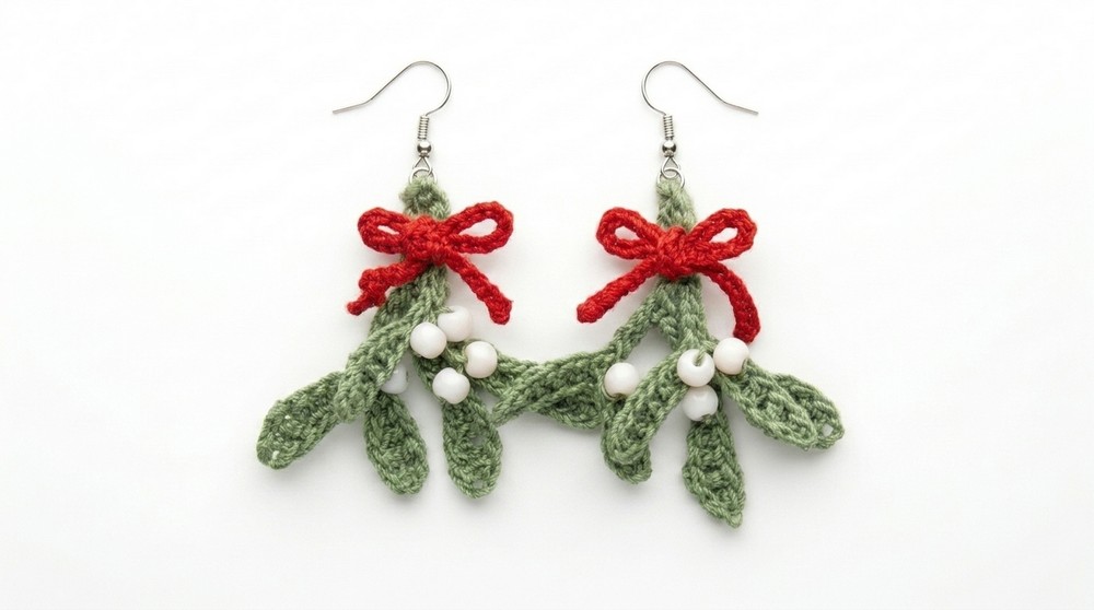 Crochet Christmas Mistletoe Earrings Easy Pattern (5)