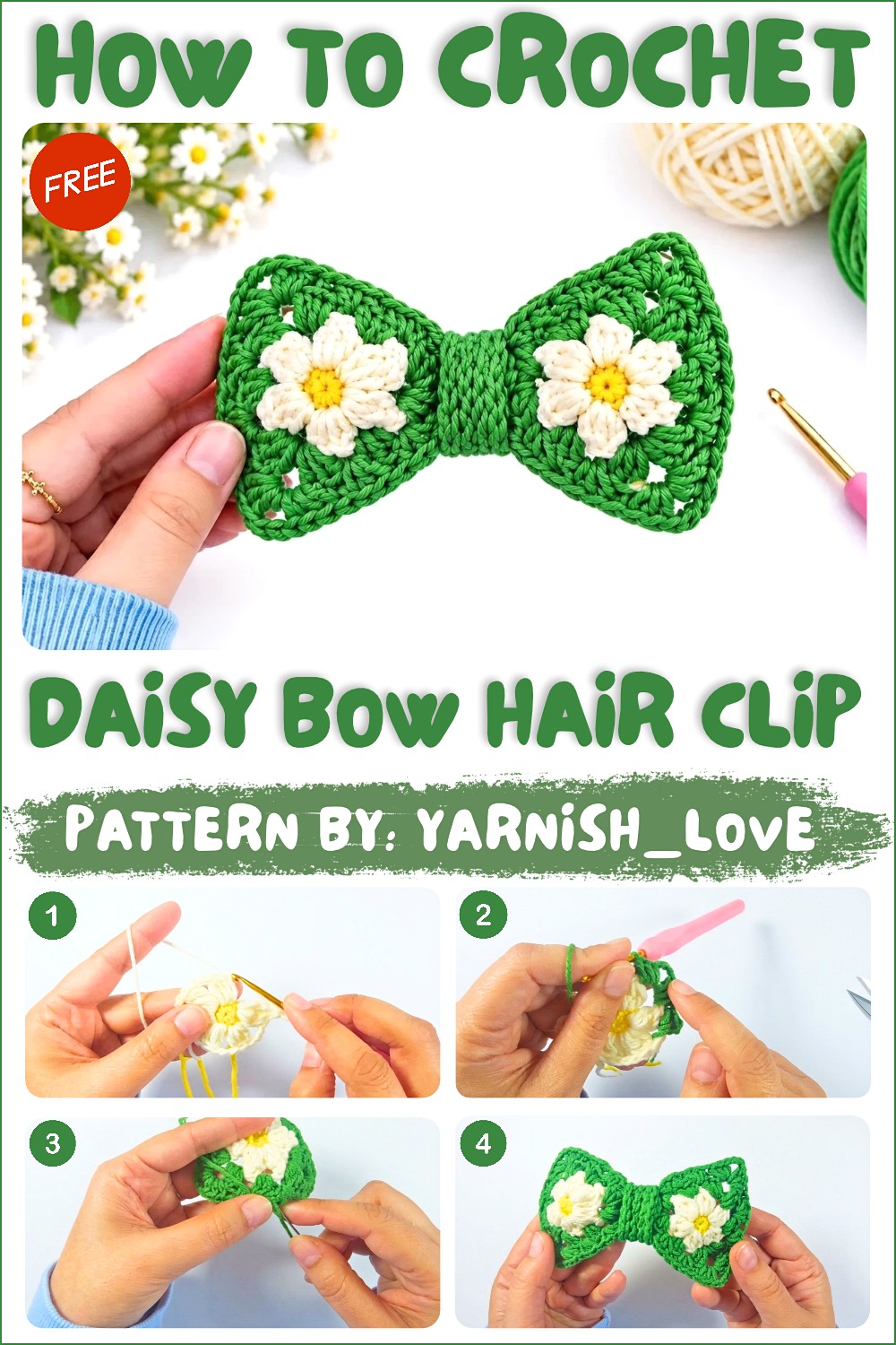How to Crochet a Cute Daisy Bow Hair Clip _ Easy Triangle Flower Motif Tutorial (1)