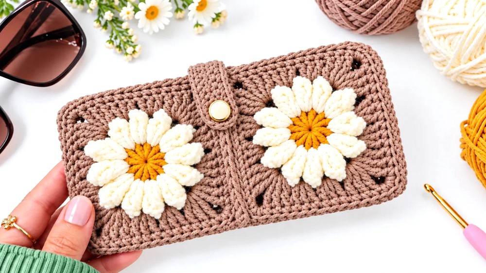 How to Crochet a Cute Daisy Granny Square Sunglasses Case _ Easy Floral Case Tutorial (3)