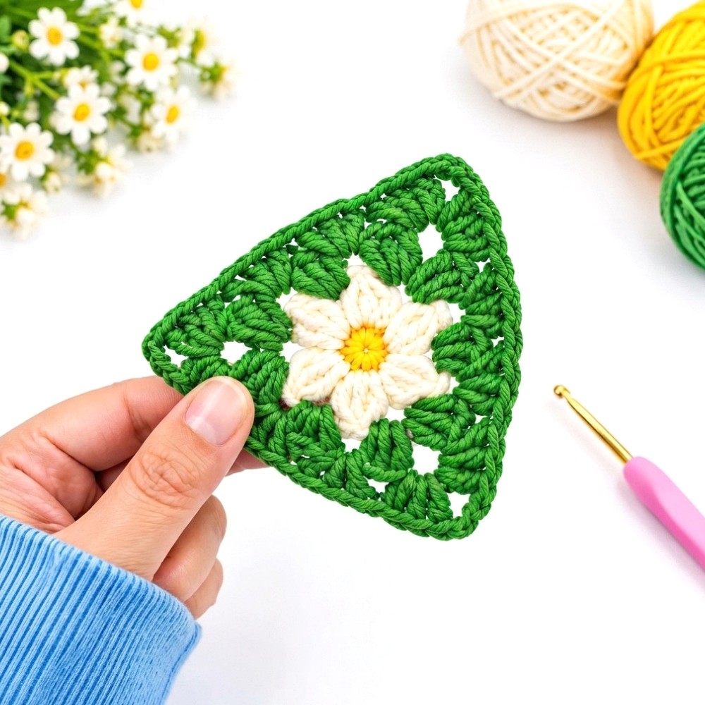 How to Crochet a Cute Daisy Triangle Granny Square _ Easy Floral Motif Tutorial for Beginners (3)